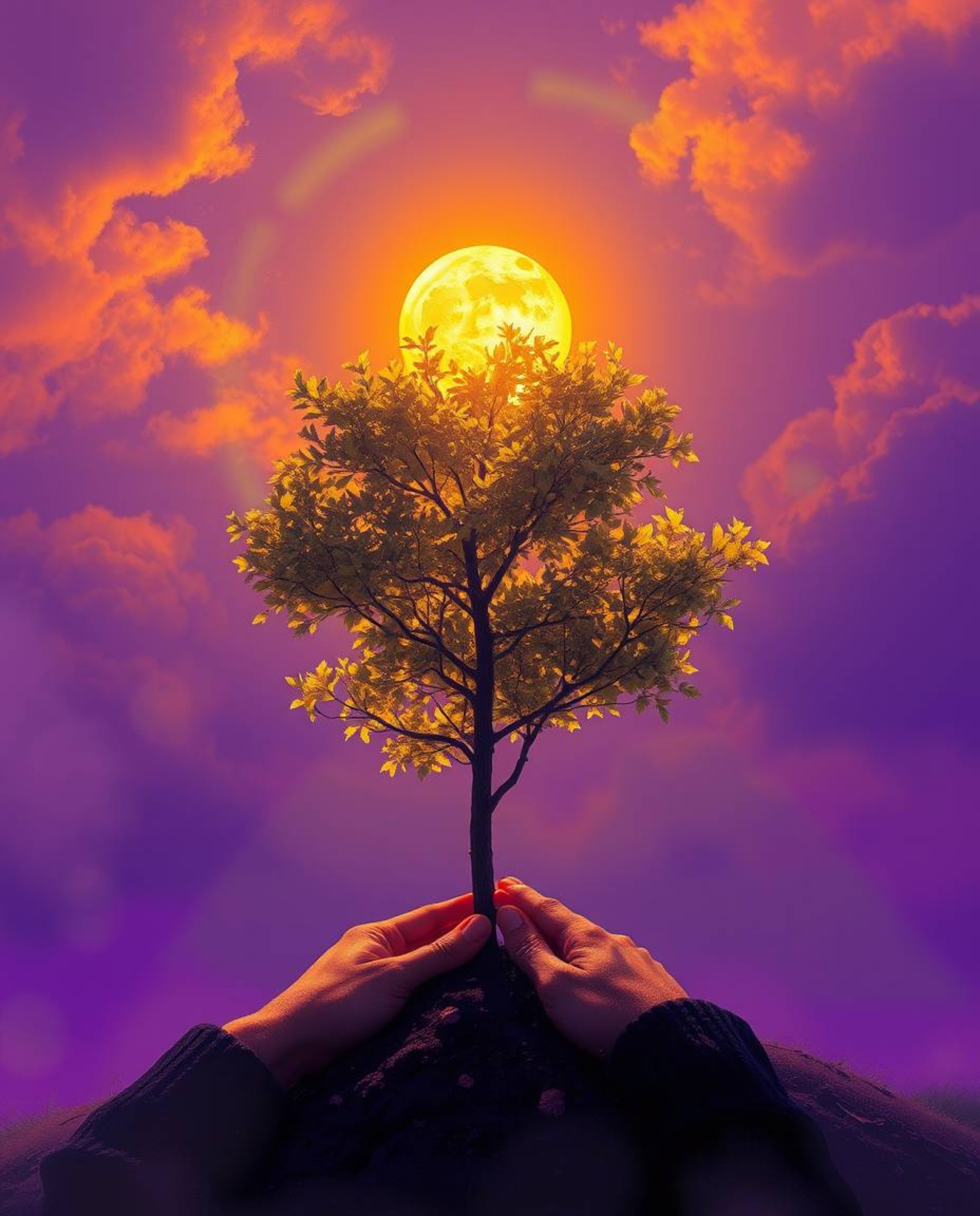 A captivating digital painting depicts hands gently planting a tree under a breathtaking golden sky.  Deep ultraviolet hues a