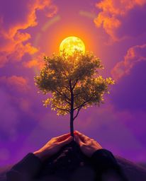 A captivating digital painting depicts hands gently planting a tree under a breathtaking golden sky.  Deep ultraviolet hues a