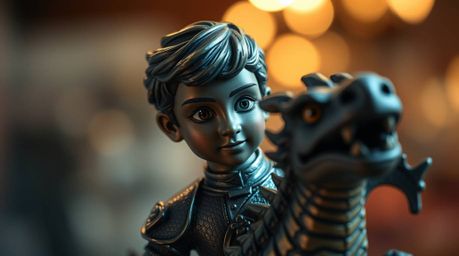 A stunning cast bronze sculpture capturing a charming prince with rosy cheeks and determined eyes locked in battle with a fea