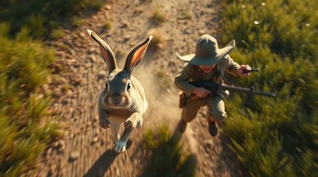 Witness a hilarious high-angle photograph capturing a wacky rabbit with exaggerated features outsmarting a clumsy hunter in a