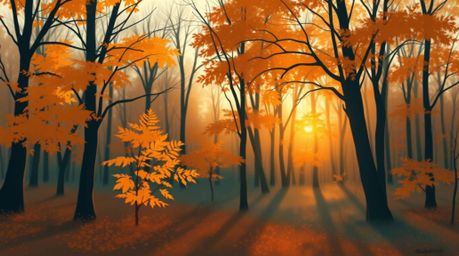A captivating digital painting depicting an autumn forest bathed in the warm glow of the setting sun. The artwork features go