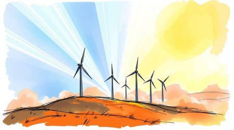 A captivating hand-drawn sketchnote depicts a picturesque sunset behind a row of wind turbines perched on a hill.  The illust