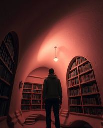 A stunning color photograph capturing the moment a person discovers a hidden underground library. The image features smooth g