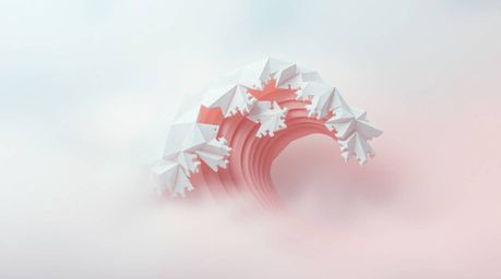 This artwork features an intricate origami-style depiction of a fluid abstract wave, showcasing a beautiful gradient texture 