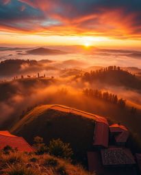 This image provides a warm, overhead bird's-eye view of a sunset over the misty, rolling hills of Tuscany. Captured from a to
