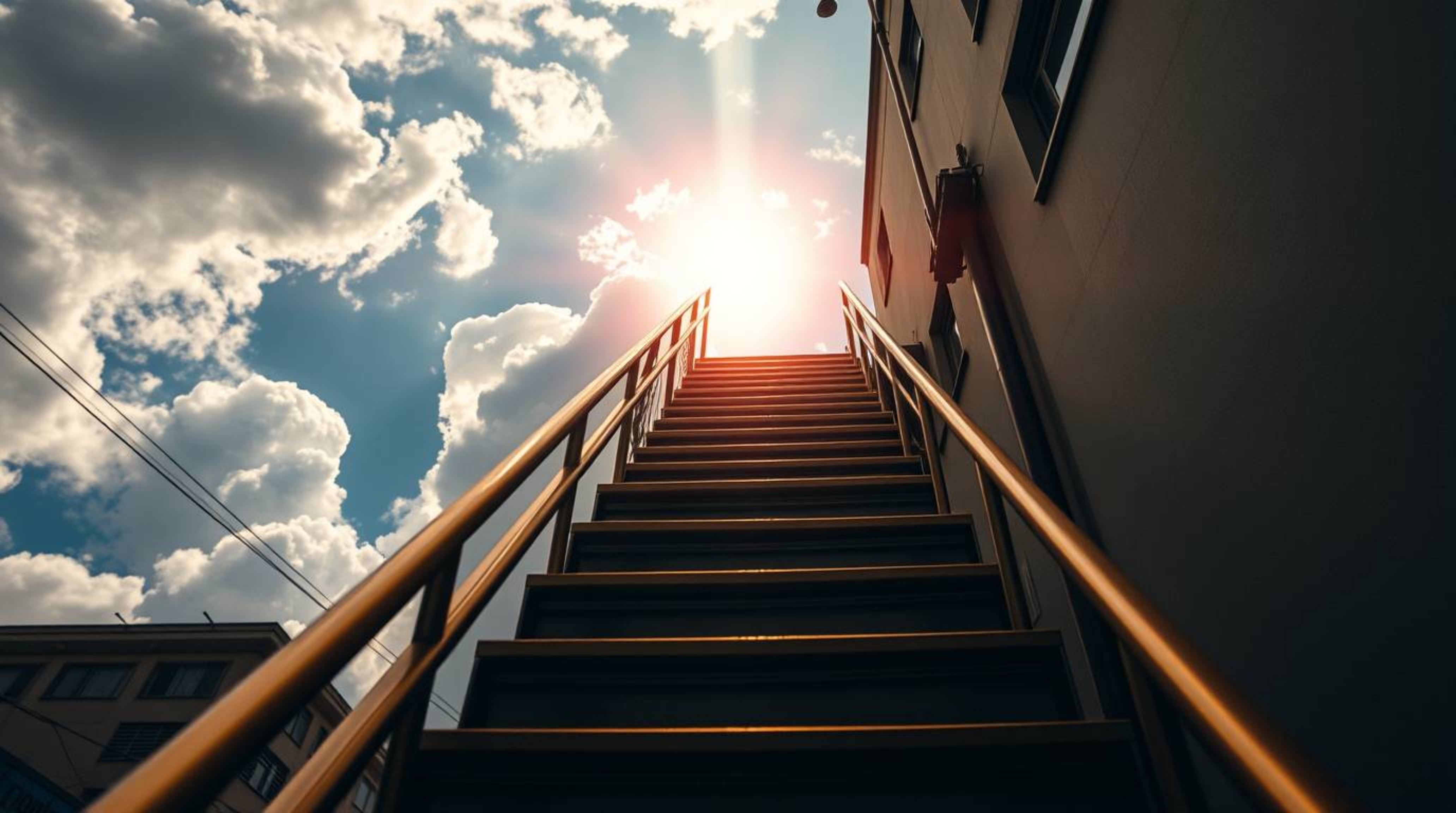 A captivating close-up street photograph depicts a golden staircase ascending through ethereal clouds towards a glowing heave