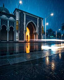 Capturing the beauty of a wet, rainy scene through long exposure photography, this image blends iridescent colors and light t