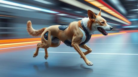 Witness a futuristic dog dynamically navigating the vast expanse of space.  This captivating image showcases blurred lines an
