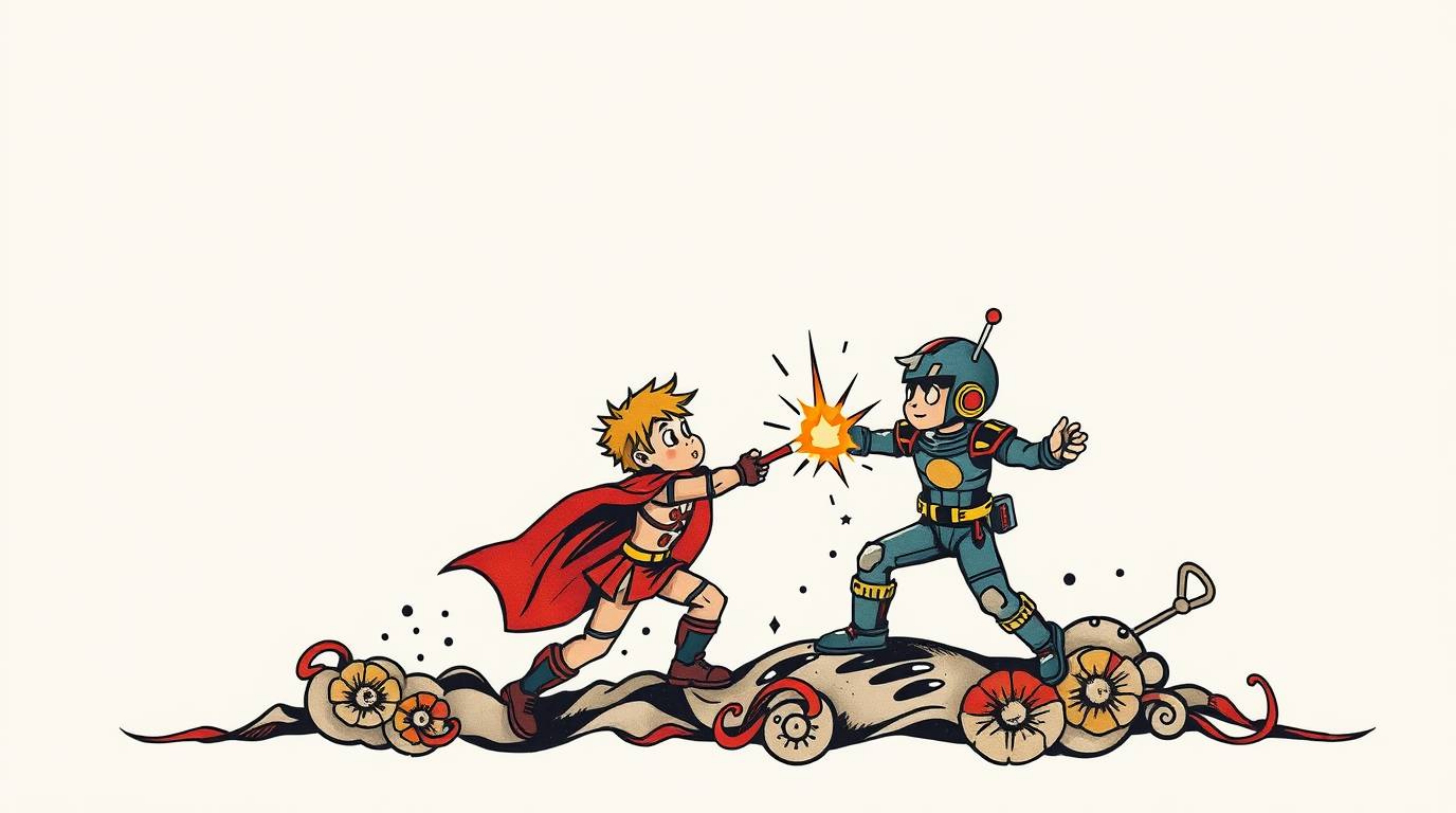 A symbolic traditional tattoo art print showcases a trio of superpowered kids engaged in an epic battle against a formidable 