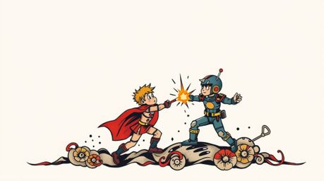 A symbolic traditional tattoo art print showcases a trio of superpowered kids engaged in an epic battle against a formidable 