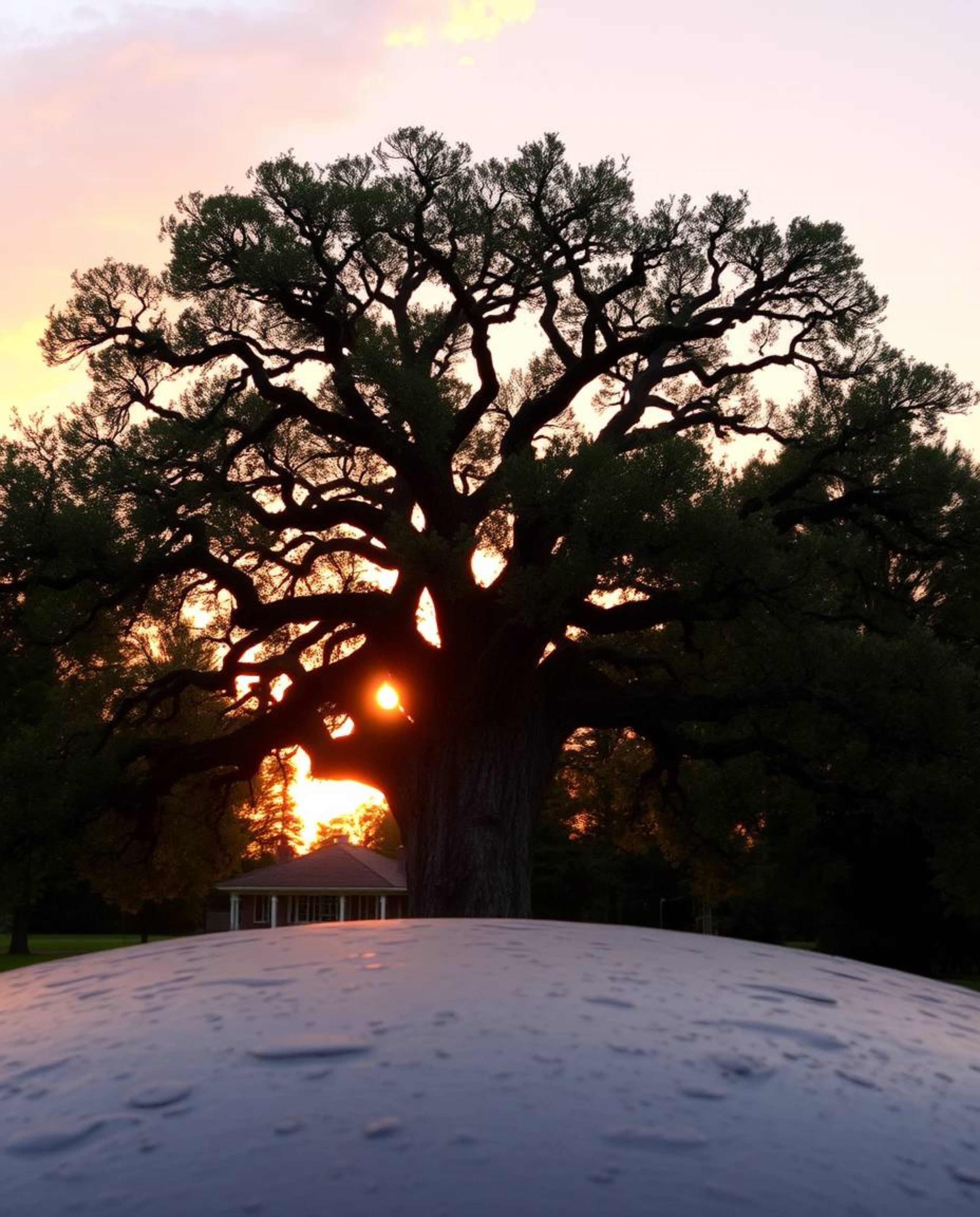 A striking depiction of a sunset behind an old oak tree, uniquely presented with a cast bronze surface texture. This artwork 