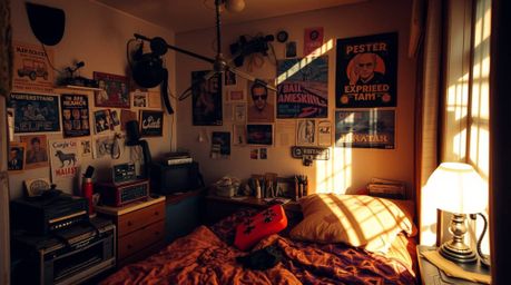 Explore a visually captivating scene of a messy bedroom filled with peculiar gadgets and posters, bathed in artistic lighting