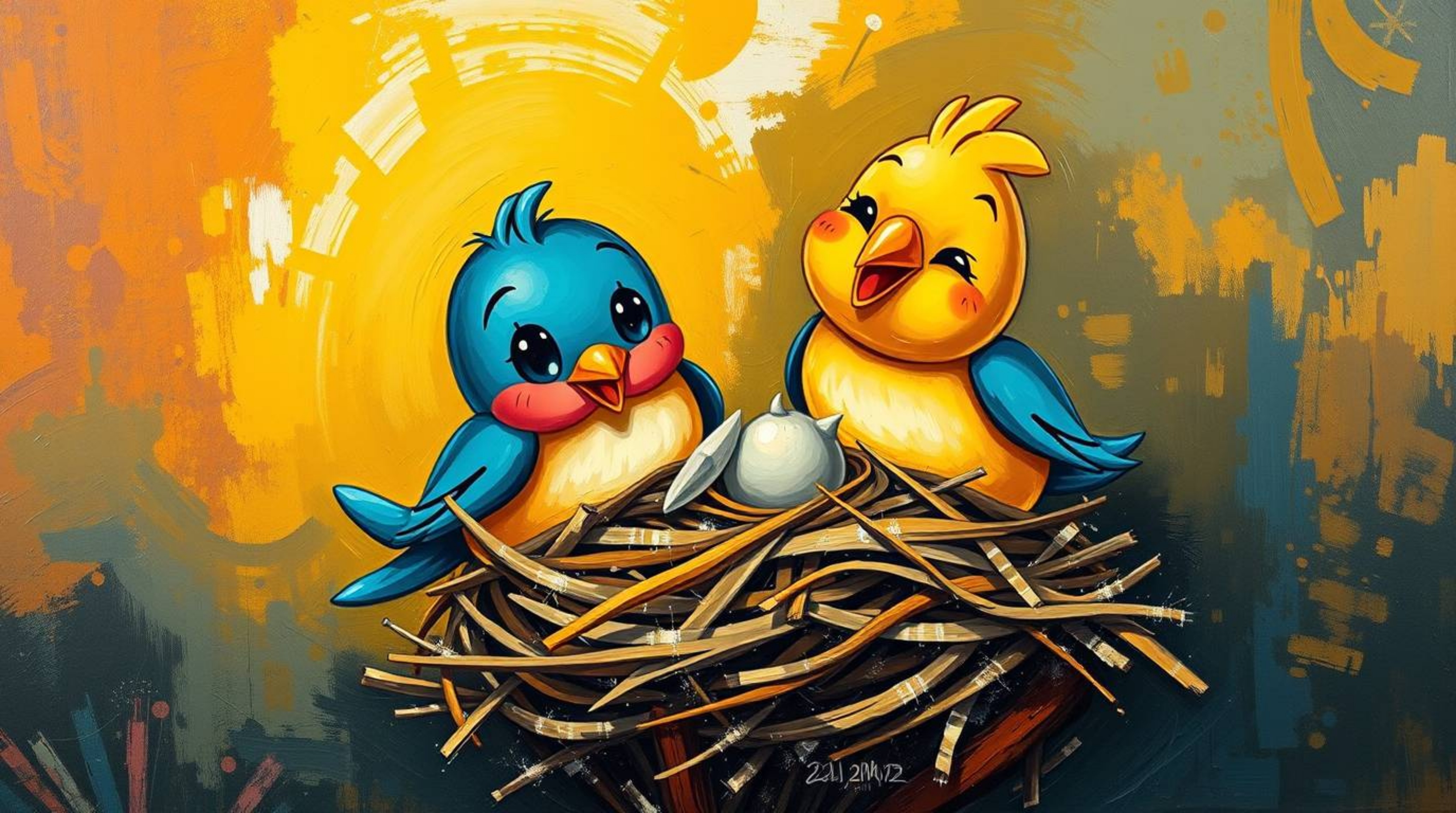 A charming acrylic painting depicts two adorable cartoon birds diligently constructing their nest.  Rendered in a classic ani
