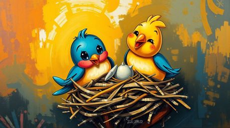 A charming acrylic painting depicts two adorable cartoon birds diligently constructing their nest. Rendered in a classic ani