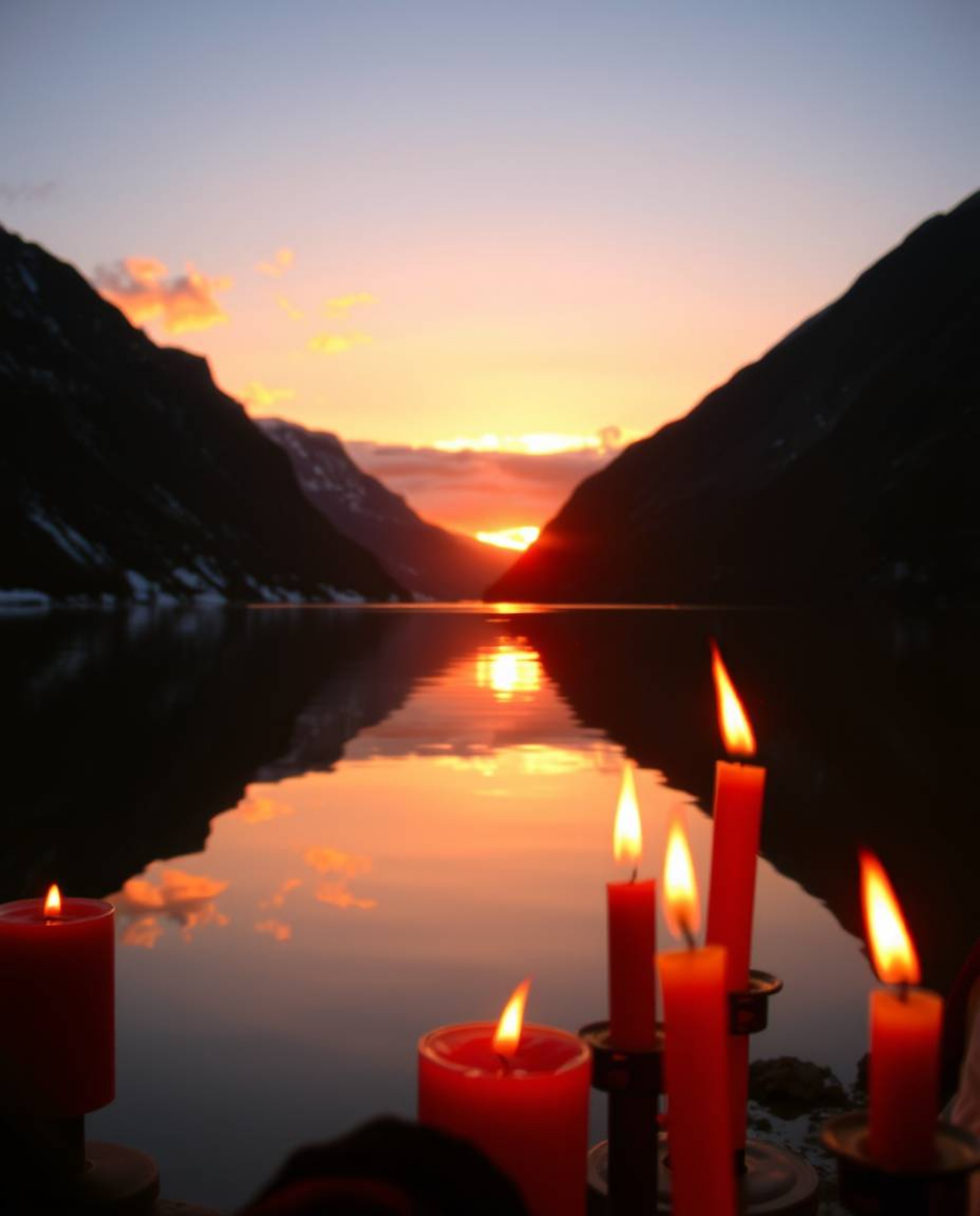 An image of a glassy fjord reflecting a sunset, characterized by bright, vibrant colors and a lively and energetic atmosphere