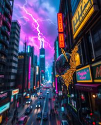 An extreme macro close-up reveals intricate details within a futuristic cyberpunk cityscape.  Vibrant neon splashes contrast 
