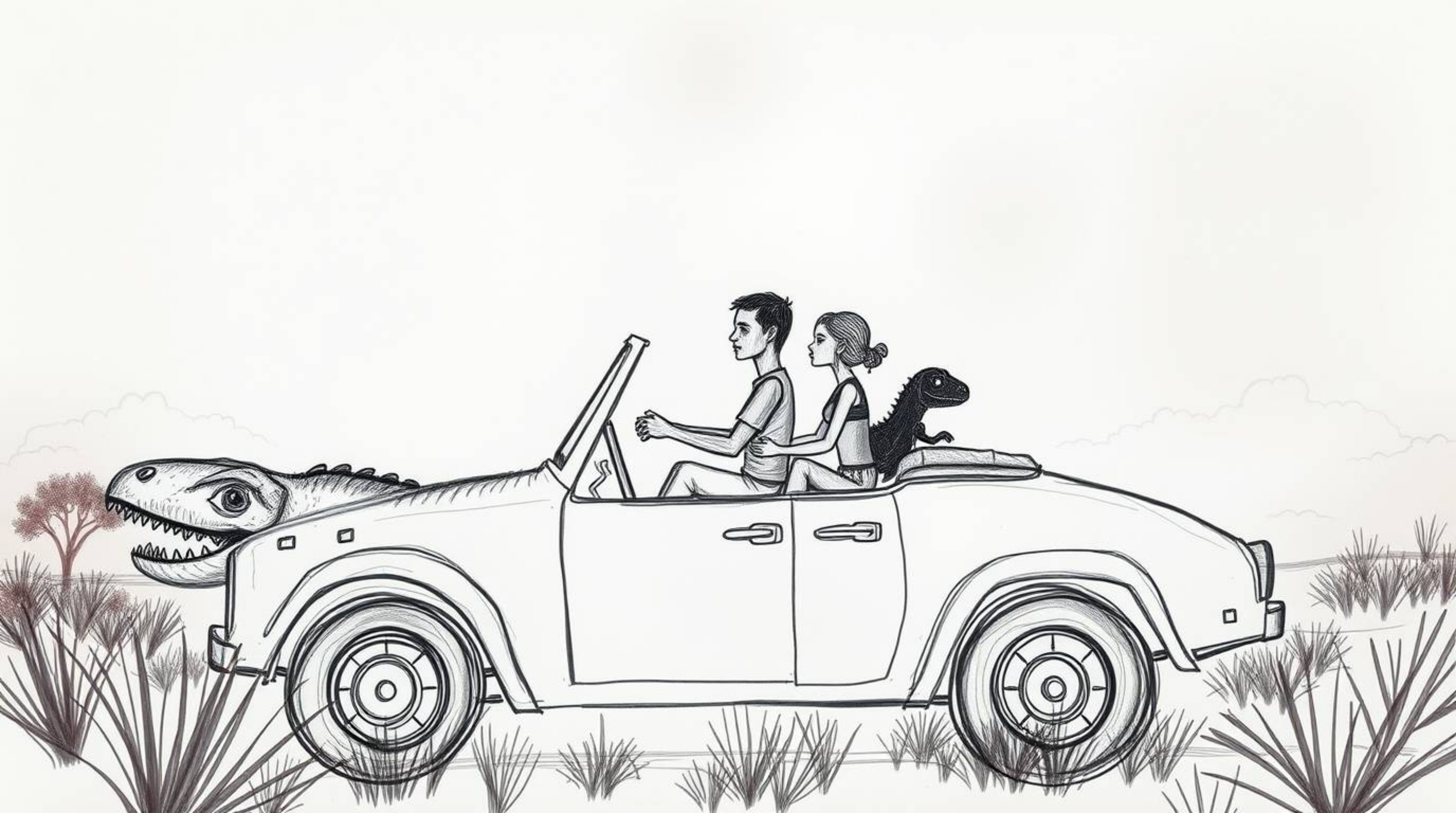 A captivating hand-drawn sketch in surreal infrared tones portrays a prehistoric family with dark silhouettes riding a fantas