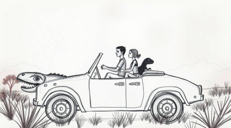 A captivating hand-drawn sketch in surreal infrared tones portrays a prehistoric family with dark silhouettes riding a fantas