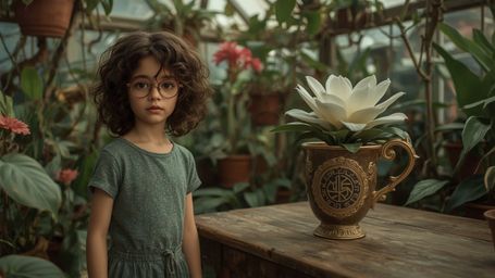 In a highly detailed, cinematic photograph reminiscent of Pixar's whimsical style, a bright-eyed, bespectacled homeschooled g