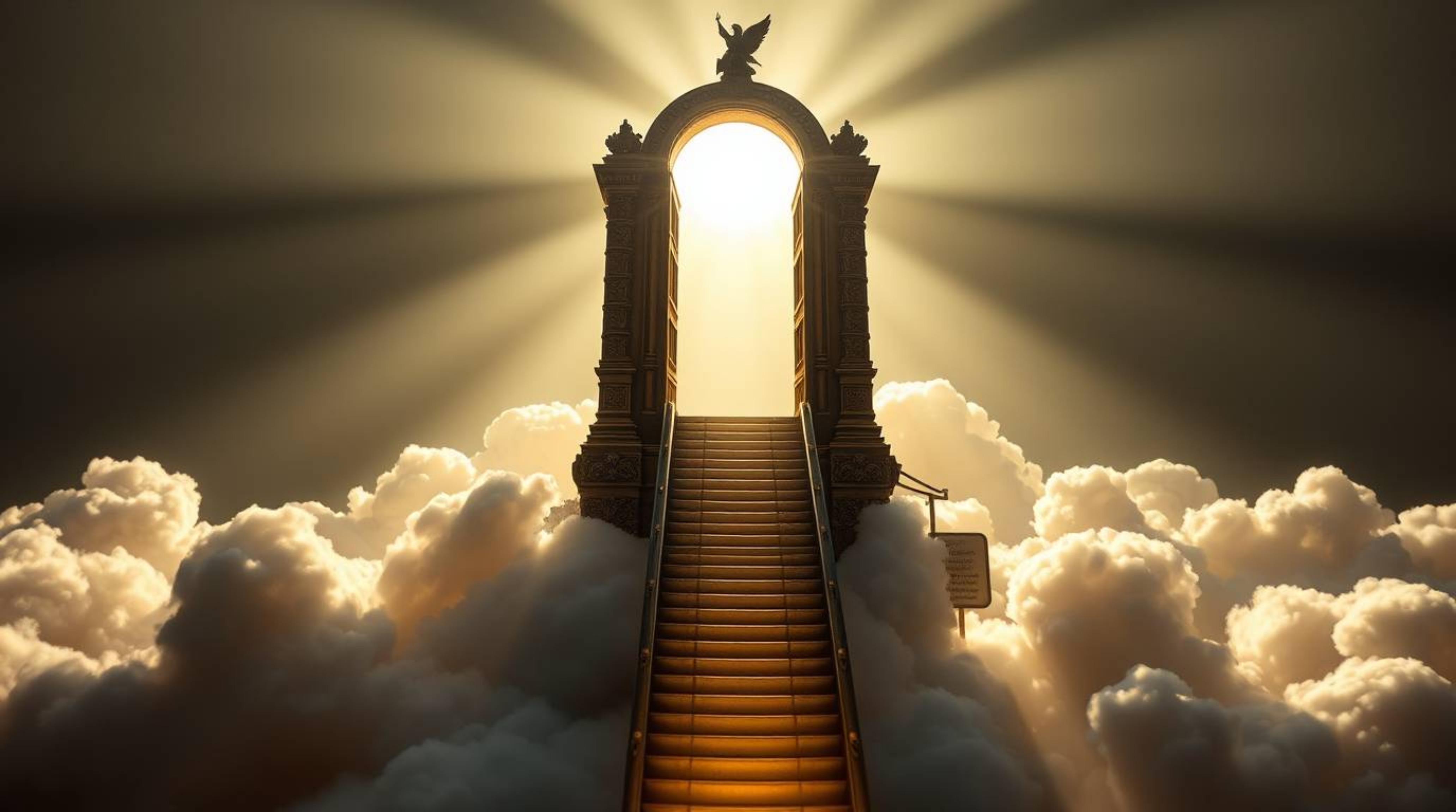 Explore a breathtaking cast bronze sculpture depicting a heavenly gate floating above the clouds.  The artwork features stron