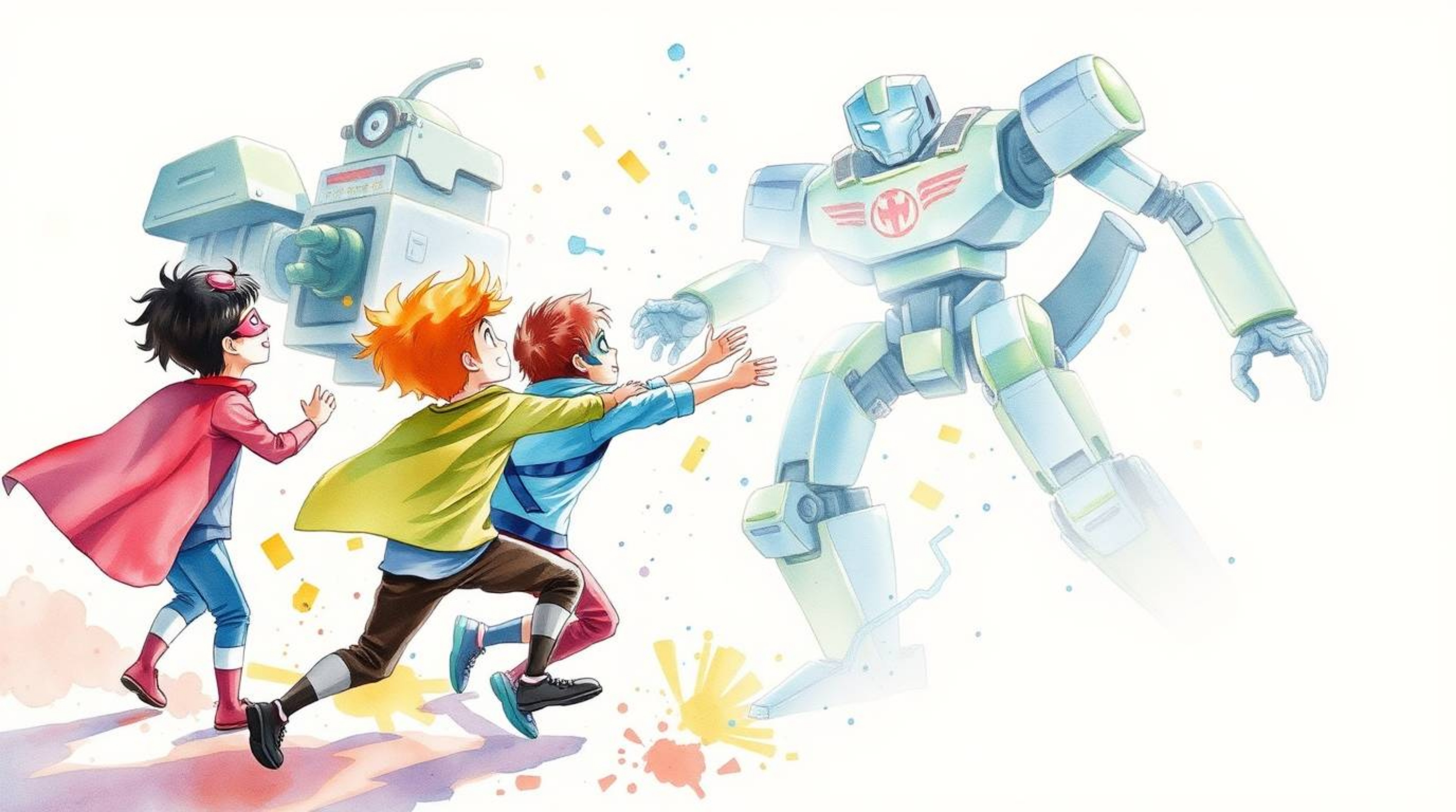 A captivating watercolor painting depicts three superpowered children engaged in an energetic battle against a formidable rob