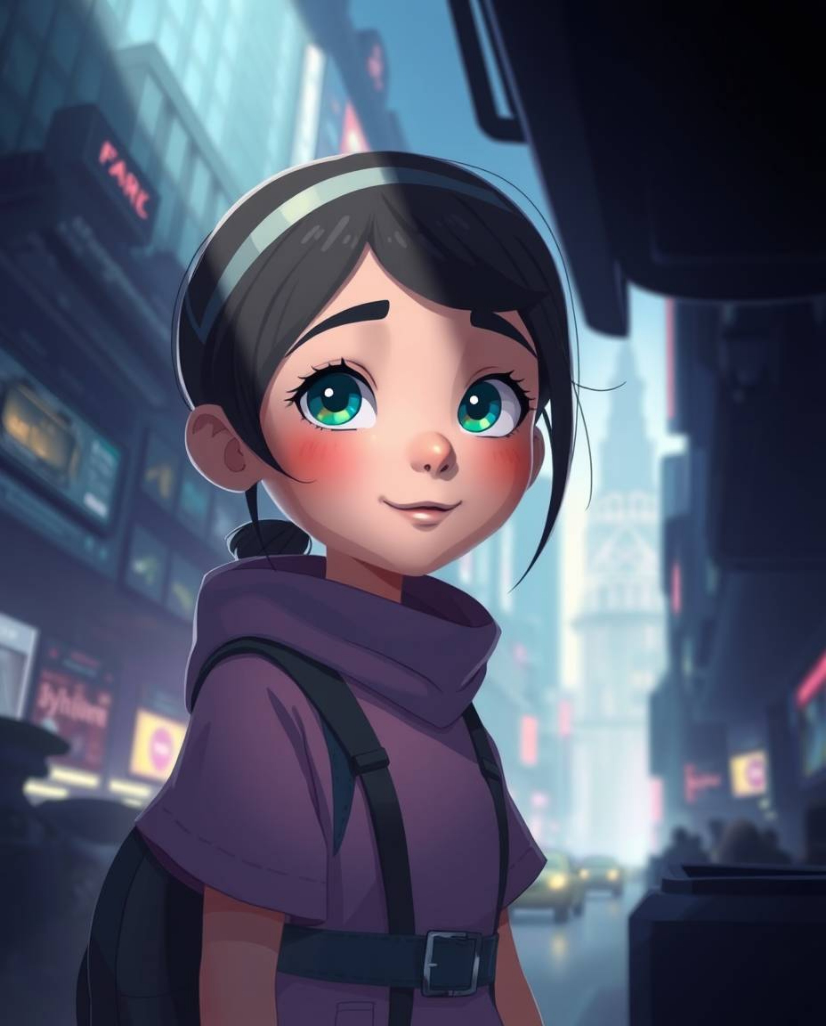 This artwork showcases a young, bright-eyed inventor girl with rosy cheeks residing in a futuristic city. Rendered in a Pixar