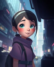 This artwork showcases a young, bright-eyed inventor girl with rosy cheeks residing in a futuristic city. Rendered in a Pixar
