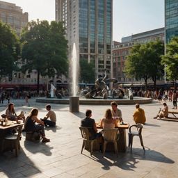 Experience the vibrant energy of a bustling city square, alive with the sights and sounds of modern life. Admire captivating