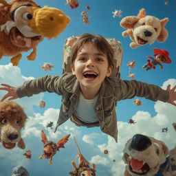 A stunning high-fashion photography captures a joyful boy with bright eyes, wearing a stylish outfit. He's hilariously laughi
