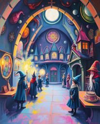 Immerse yourself in a captivating acrylic painting depicting a magical school brimming with young wizards. This artwork, rend