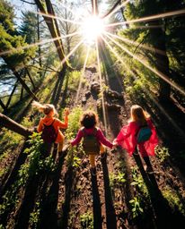 Experience a vibrant bird's-eye view of a group of friends with extraordinary abilities exploring a sun-drenched forest.  The