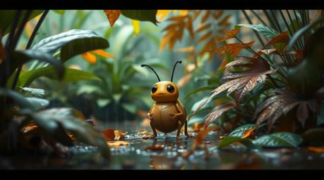 Imagine a charming, bug-sized hero embarking on an epic adventure through a verdant backyard jungle during a warm autumn rain