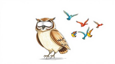A heartwarming hand-drawn sketch in the style of Pixar depicts a gentle, blind owl with soft, textured pencil strokes leading