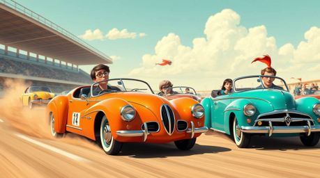 Experience a wacky racing scene featuring outlandish cars, rendered in a graceful and elegant style. The artwork boasts refin