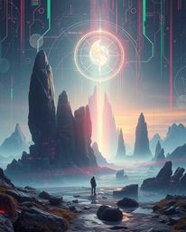 Explore a futuristic sci-fi world blended with an ethereal spiritual vibe within a mesmerizing digital glitch landscape. This