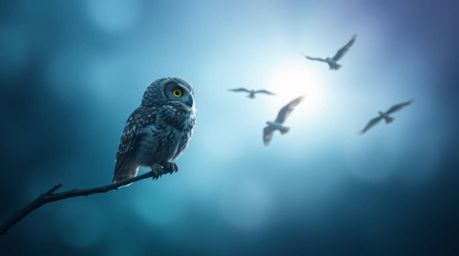 A captivating long exposure photograph with an ethereal and spiritual feel, featuring a blind owl rendered in a Pixar-like st