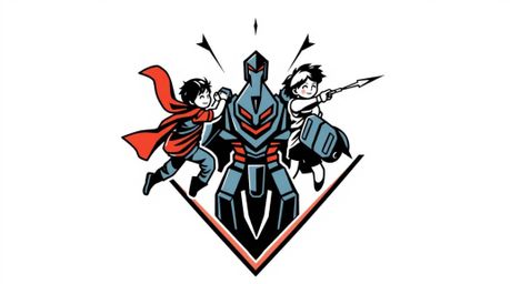A striking geometric logo design showcases three superpowered children engaged in a dynamic battle against a powerful robot. 
