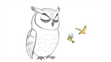 A heartwarming hand-drawn sketch in Pixar style depicts a blind owl patiently teaching birds to fly. The focus is on the owl'