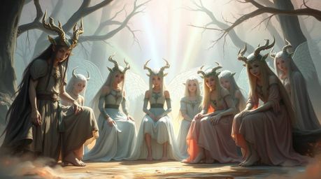 Discover a captivating scene of misfit heroes with ethereal features, adorned in flowing garments.  They gather in a mystic, 