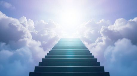 Discover a breathtaking image of an iridescent stairway ascending through ethereal clouds towards a celestial light. This sur
