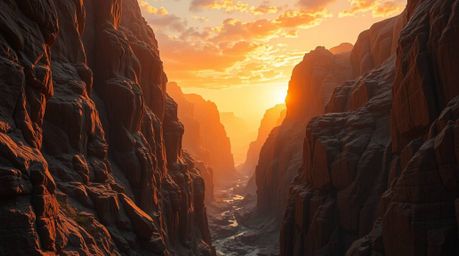 A grand epic scene unfolds within a rocky canyon, illuminated by the warm embrace of sunset hues.  Amazing lens glow lighting
