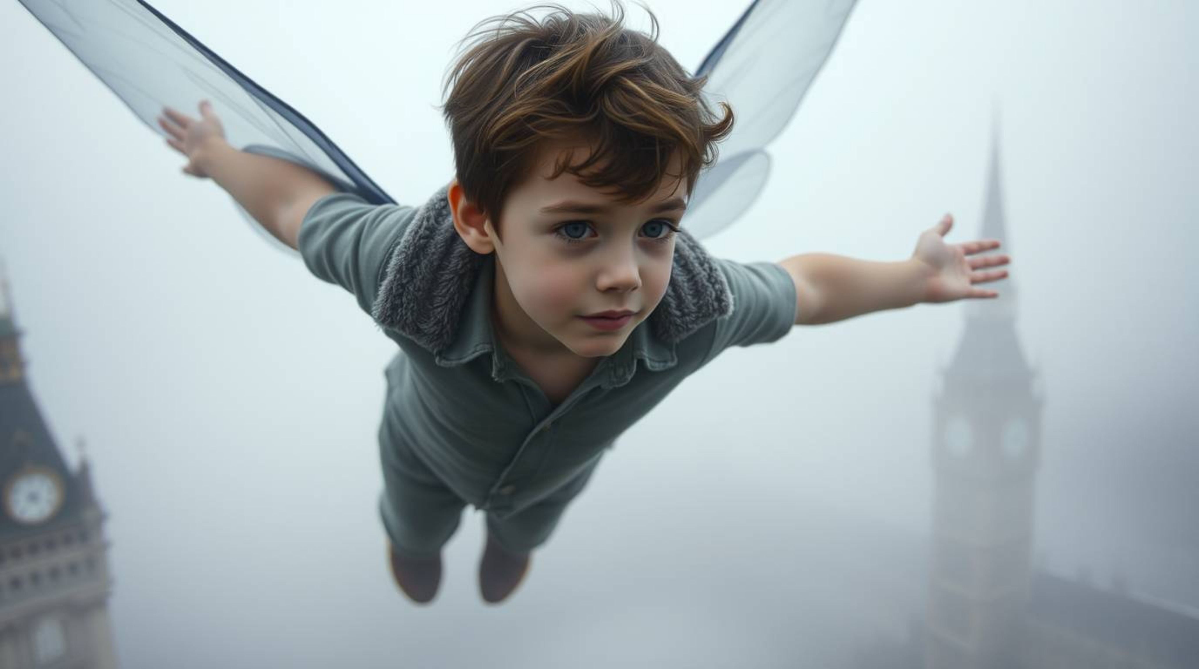 A young boy with refined features takes flight above a London shrouded in thick fog, propelled by magical pixie dust. The sce