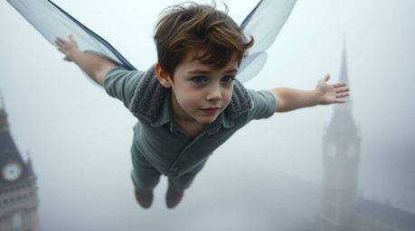 A young boy with refined features takes flight above a London shrouded in thick fog, propelled by magical pixie dust. The sce