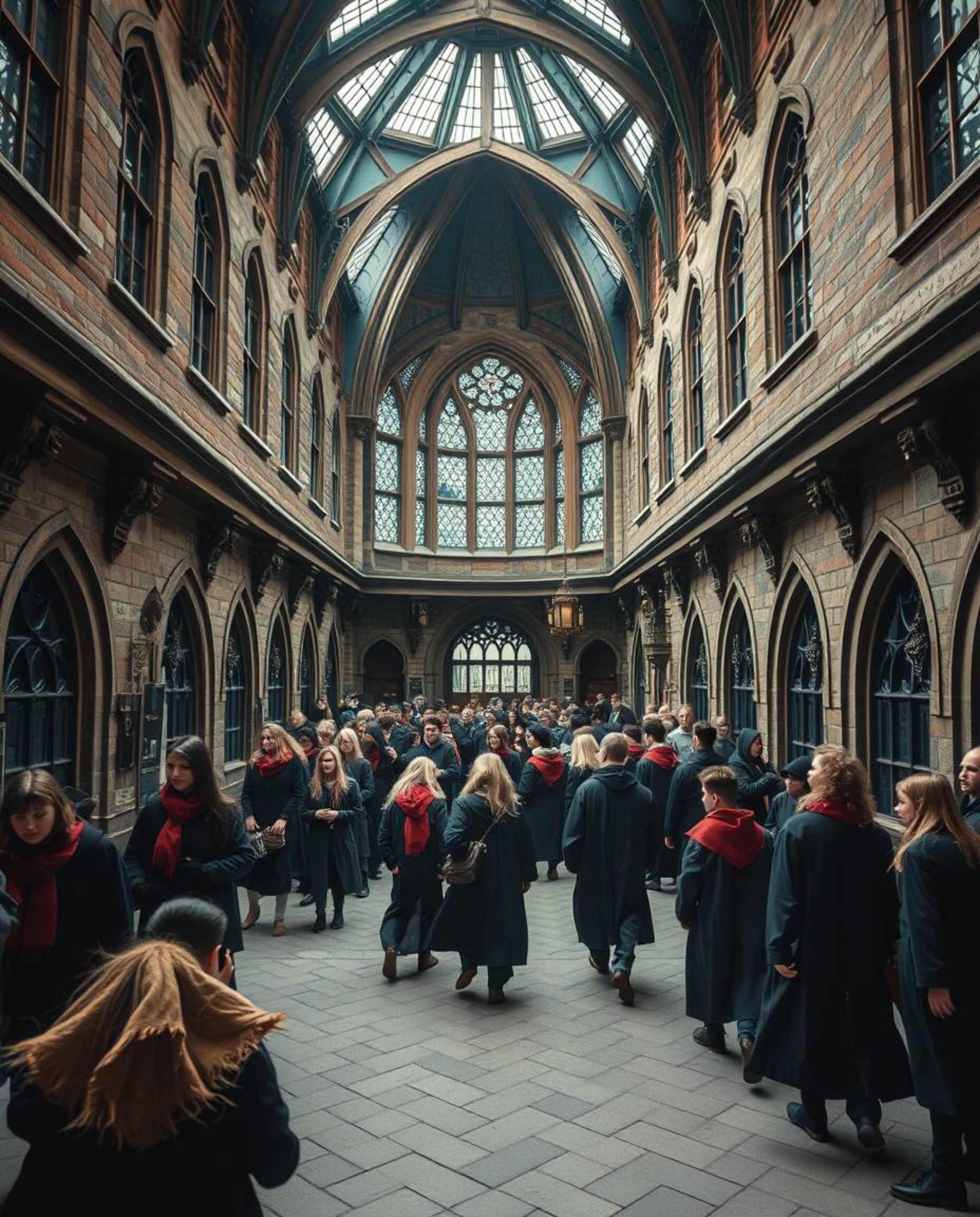 Capture the essence of a magical school filled with young wizards through dramatic cinematic style and precise architectural 