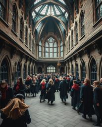 Capture the essence of a magical school filled with young wizards through dramatic cinematic style and precise architectural 