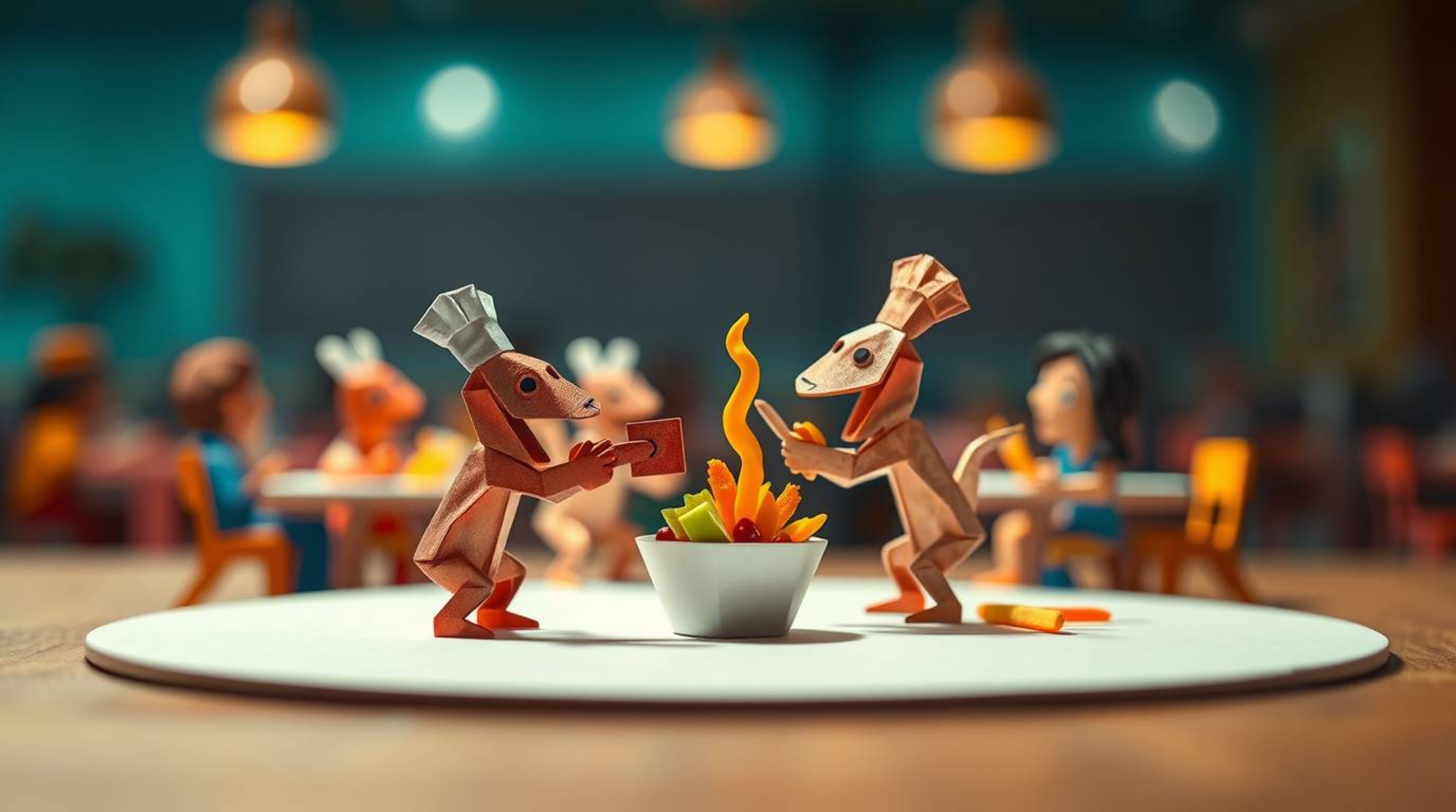 Witness a chaotic yet stunning cartoon cafeteria food fight meticulously crafted in intricate origami style.  The sharp focus
