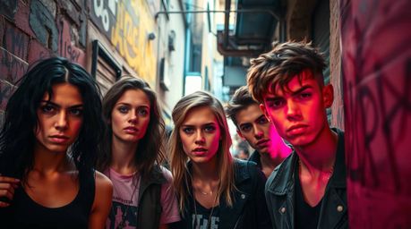 Capture the raw energy of urban youth with this high-resolution stock photo featuring rebellious teens in a grungy city alley