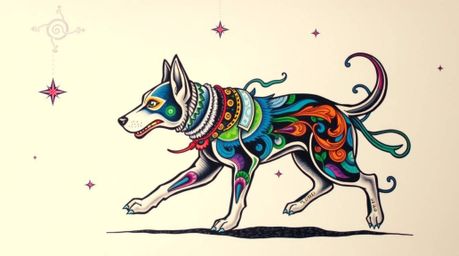 This art print features a traditional tattoo style depicting a futuristic dog walking itself in space. The design incorporate