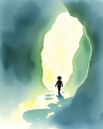 A delicate watercolor painting depicts a silhouetted child following a trail of glowing footsteps into a mysterious cave. The