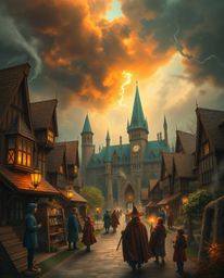 Discover a captivating magical school brimming with young wizards, nestled under stormy autumn skies.  Experience a cozy and 